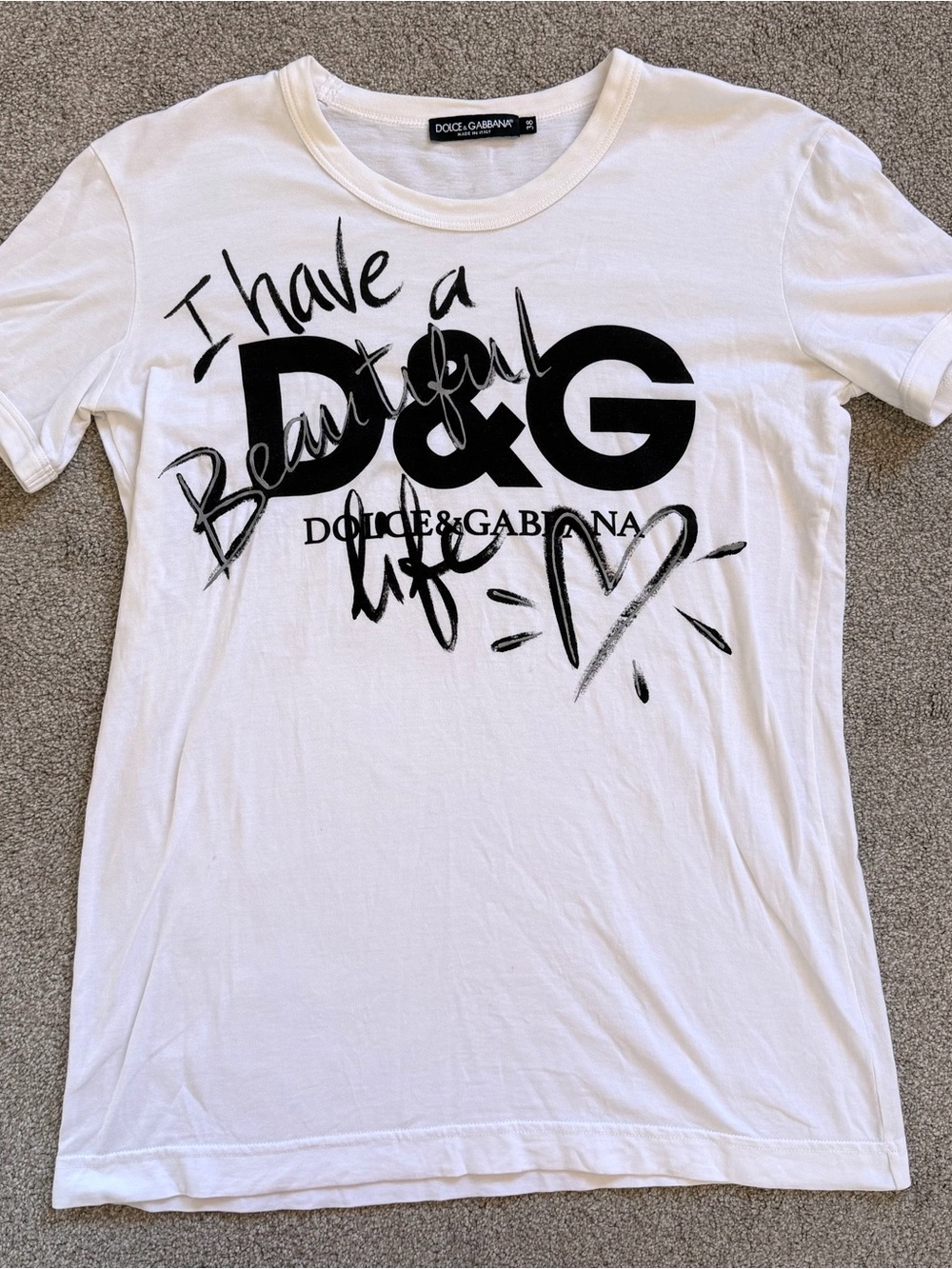 Dolce & Gabbana White Tee with Black D&G Script and Heart